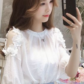Xưởng sỉ áo voan nữ hoa nổi trễ vai màu trắng