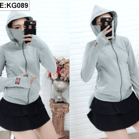 Áo khoác thun phối nón cổ cao thêu bo tay