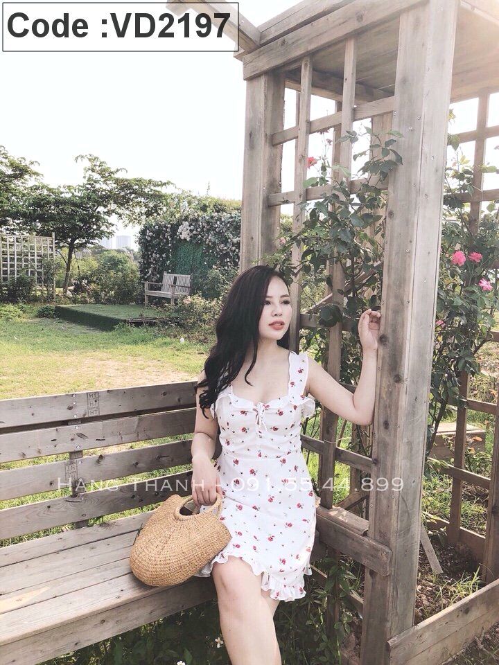 Đầm voan 2 dây kết bèo in hoa