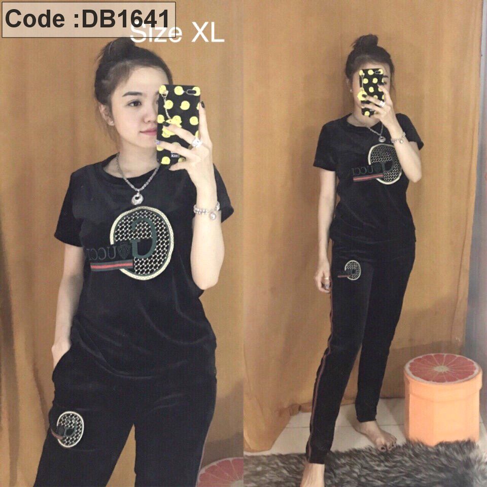 Set nhung quần dài tay ngắn viền sọc