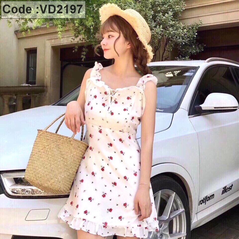 Đầm voan 2 dây kết bèo in hoa