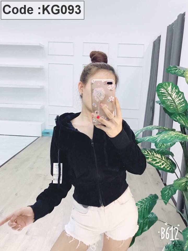 Áo khoác nữ nhung trơn tay dài phối nón