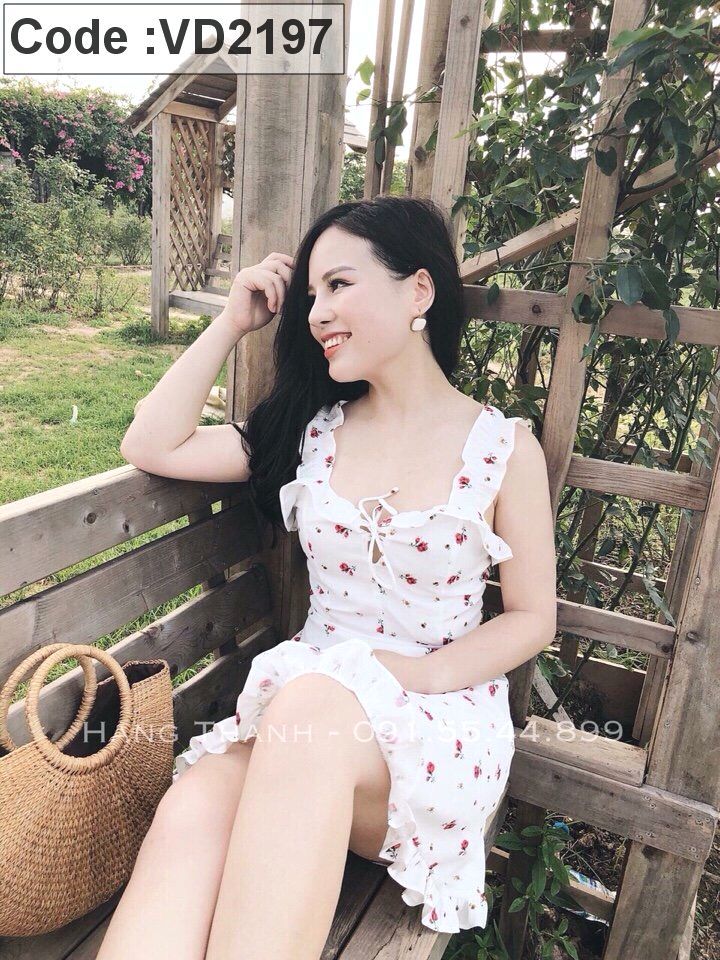 Đầm voan 2 dây kết bèo in hoa