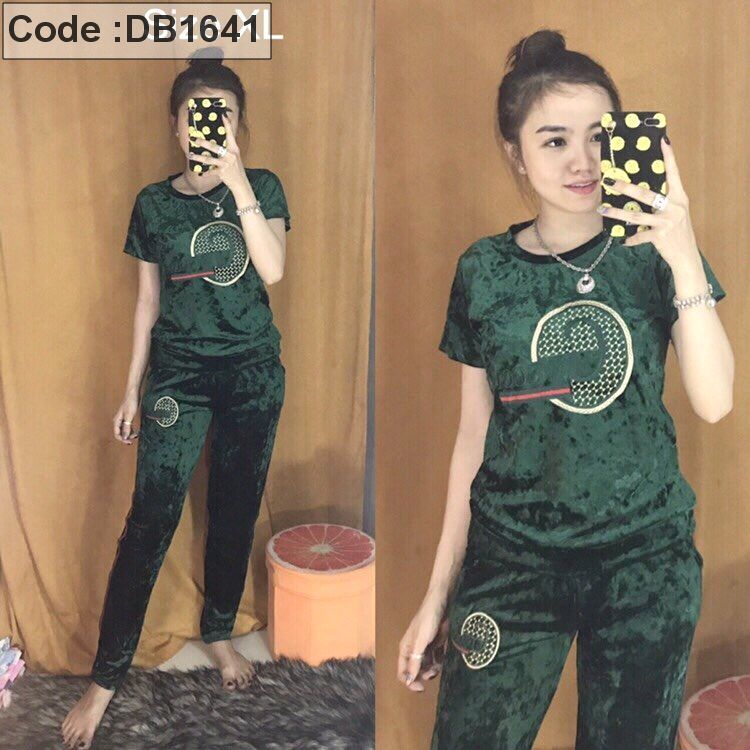 Set nhung quần dài tay ngắn viền sọc