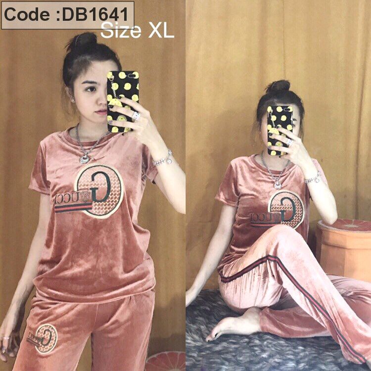Set nhung quần dài tay ngắn viền sọc