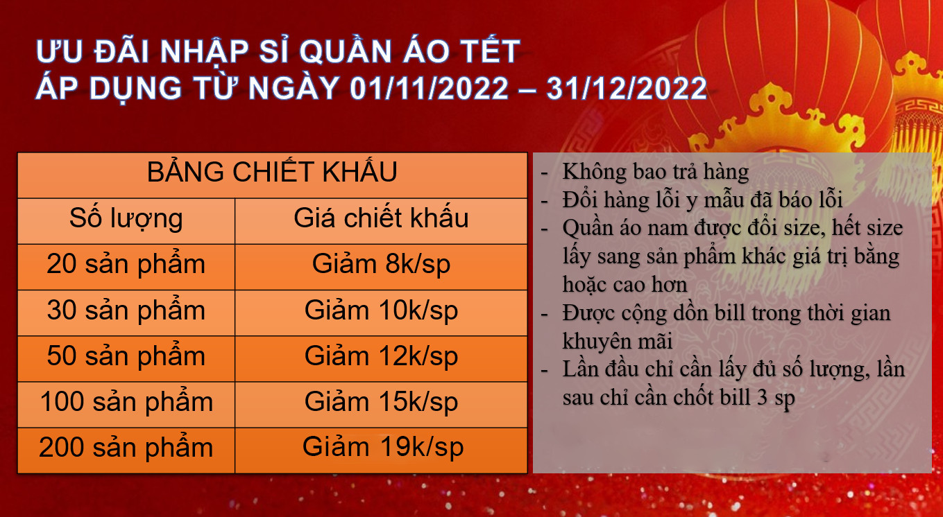 Bảng chiết khấu khuyến mãi mùa tết cho khách sỉ nhập quần áo