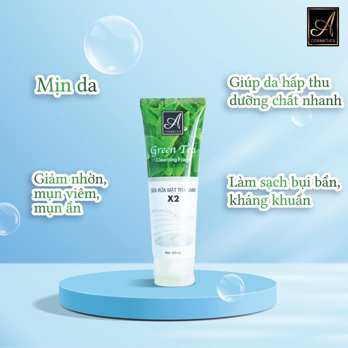 Sữa rửa mặt nhà Acosmetics làm da sạch thông thoáng hấp thụ kem dưỡng tốt hơn và trà xanh giúp trị mụn và ngăn ngừa mụn tốt