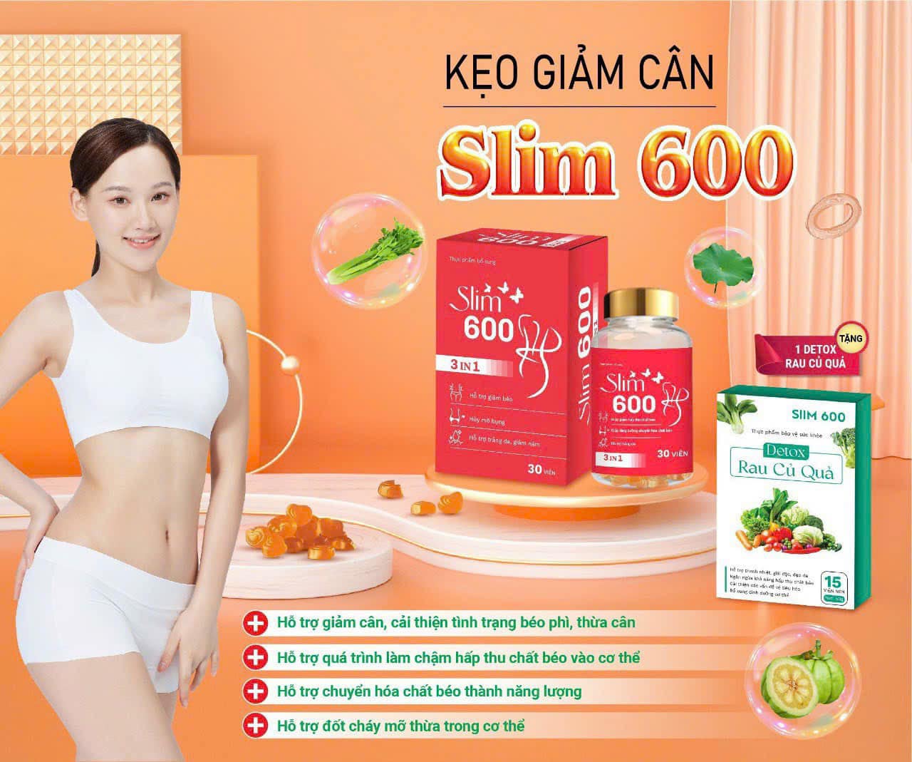 Kẹo ɡiảm Cân Slim 600 3IN1 Tặng Detox Diệt tận gốc mỡ chai lì lâu năm khó ɡiảm