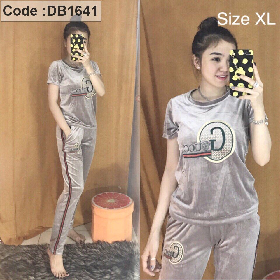 Set nhung quần dài tay ngắn viền sọc