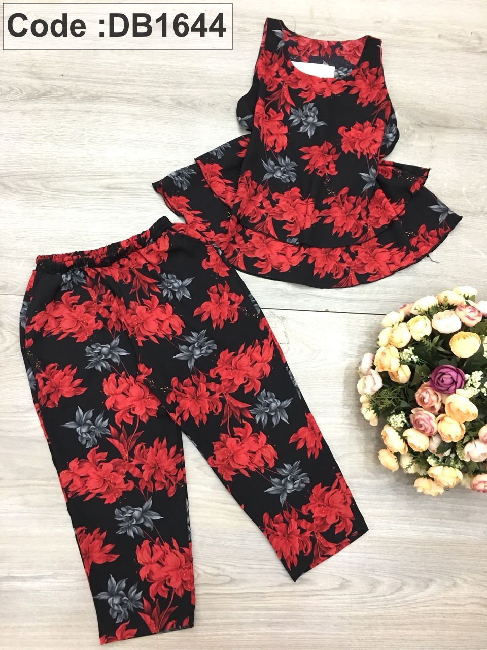 Set nữ lỡ voan cát in hoa áo 2 tầng