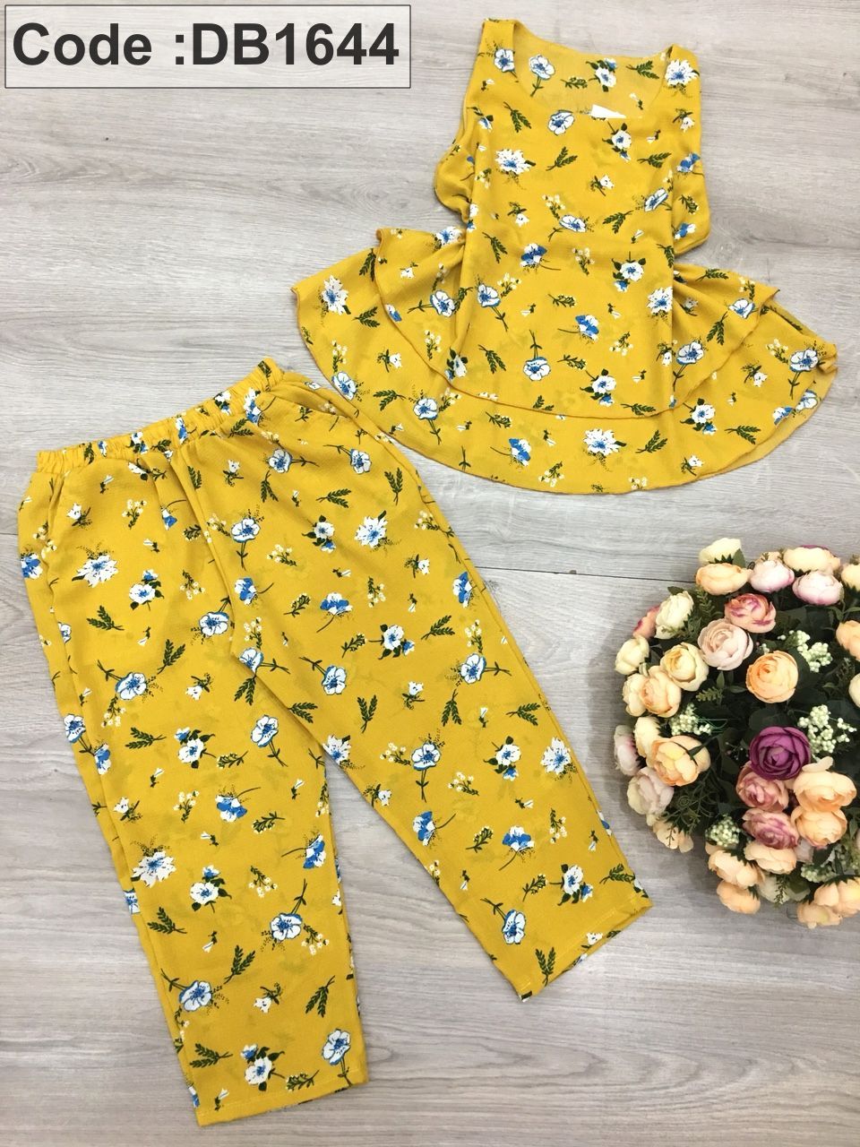 Set nữ lỡ voan cát in hoa áo 2 tầng
