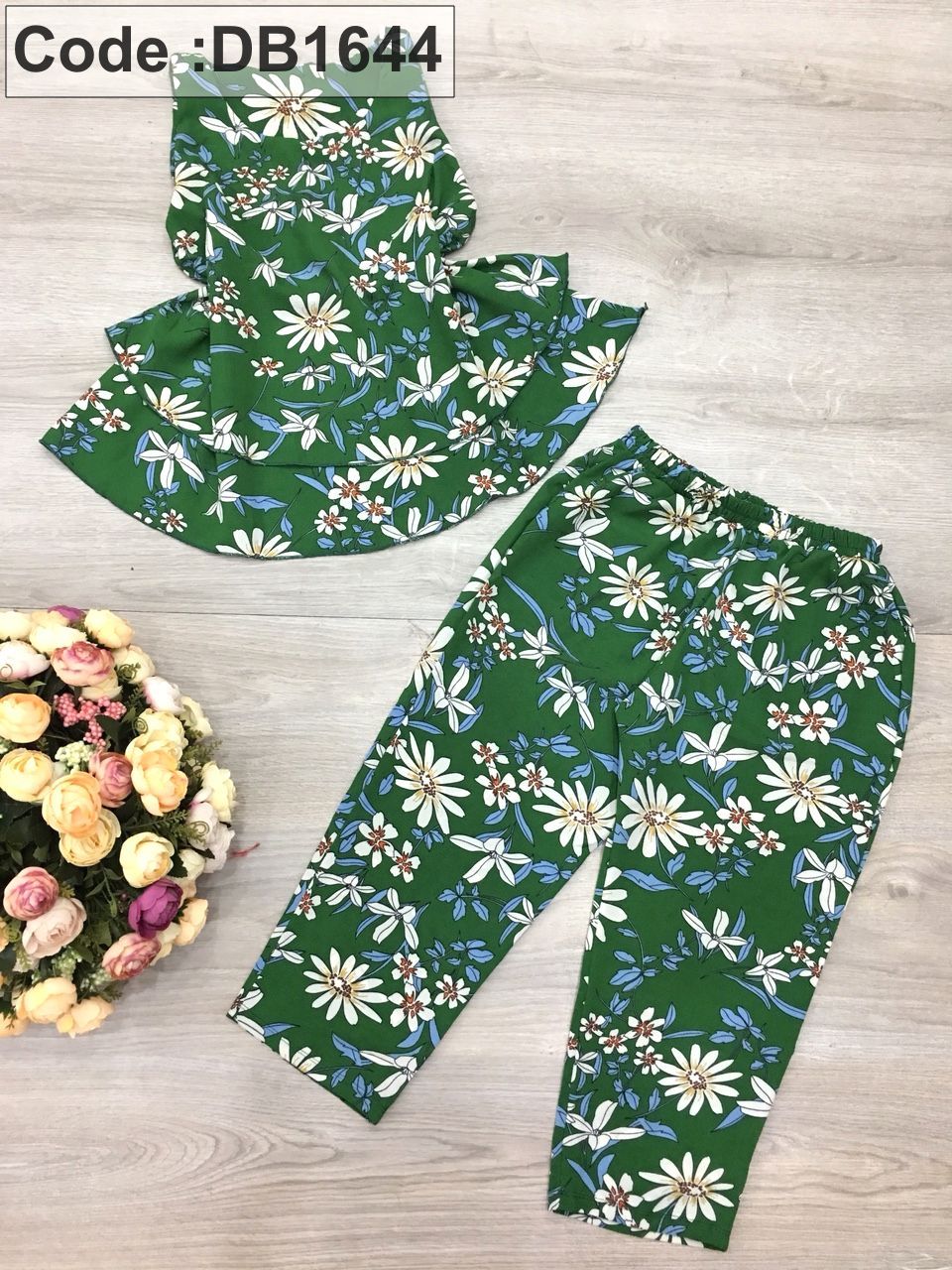 Set nữ lỡ voan cát in hoa áo 2 tầng