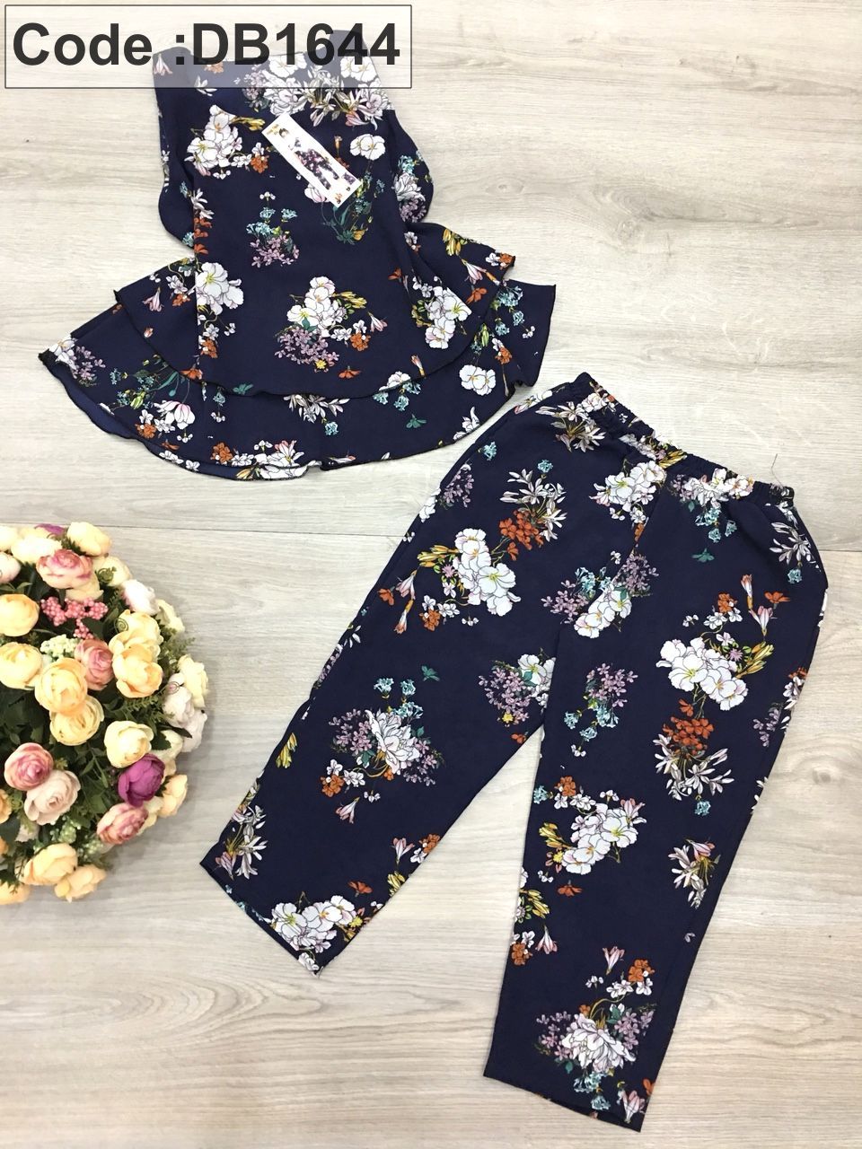 Set nữ lỡ voan cát in hoa áo 2 tầng