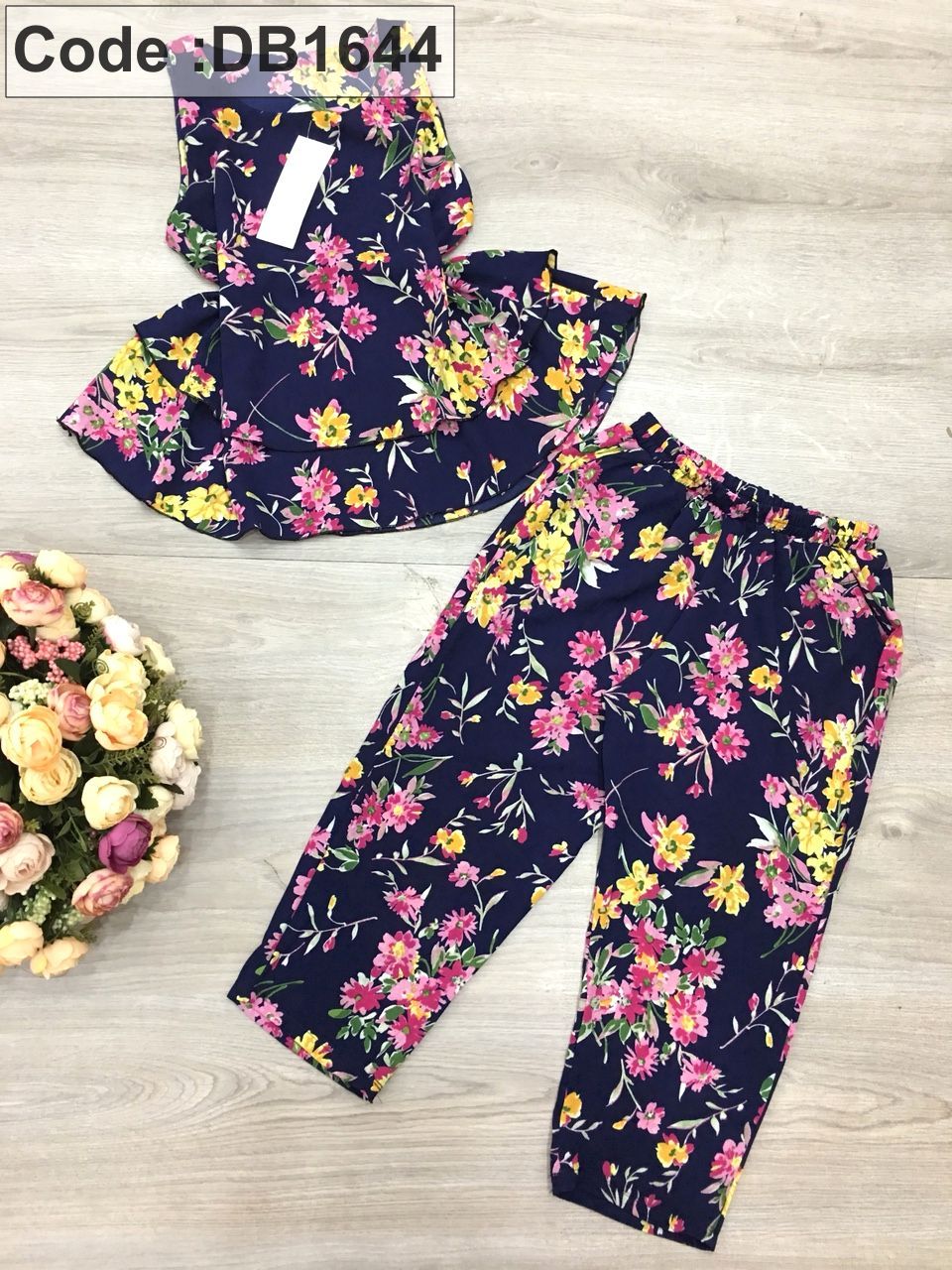 Set nữ lỡ voan cát in hoa áo 2 tầng