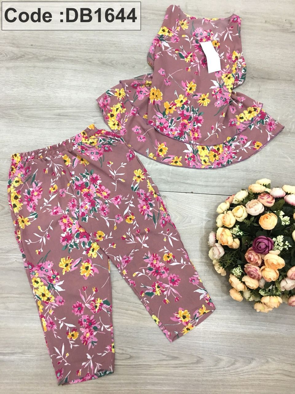 Set nữ lỡ voan cát in hoa áo 2 tầng