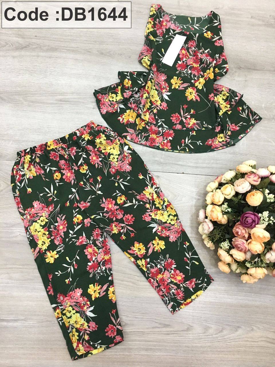 Set nữ lỡ voan cát in hoa áo 2 tầng