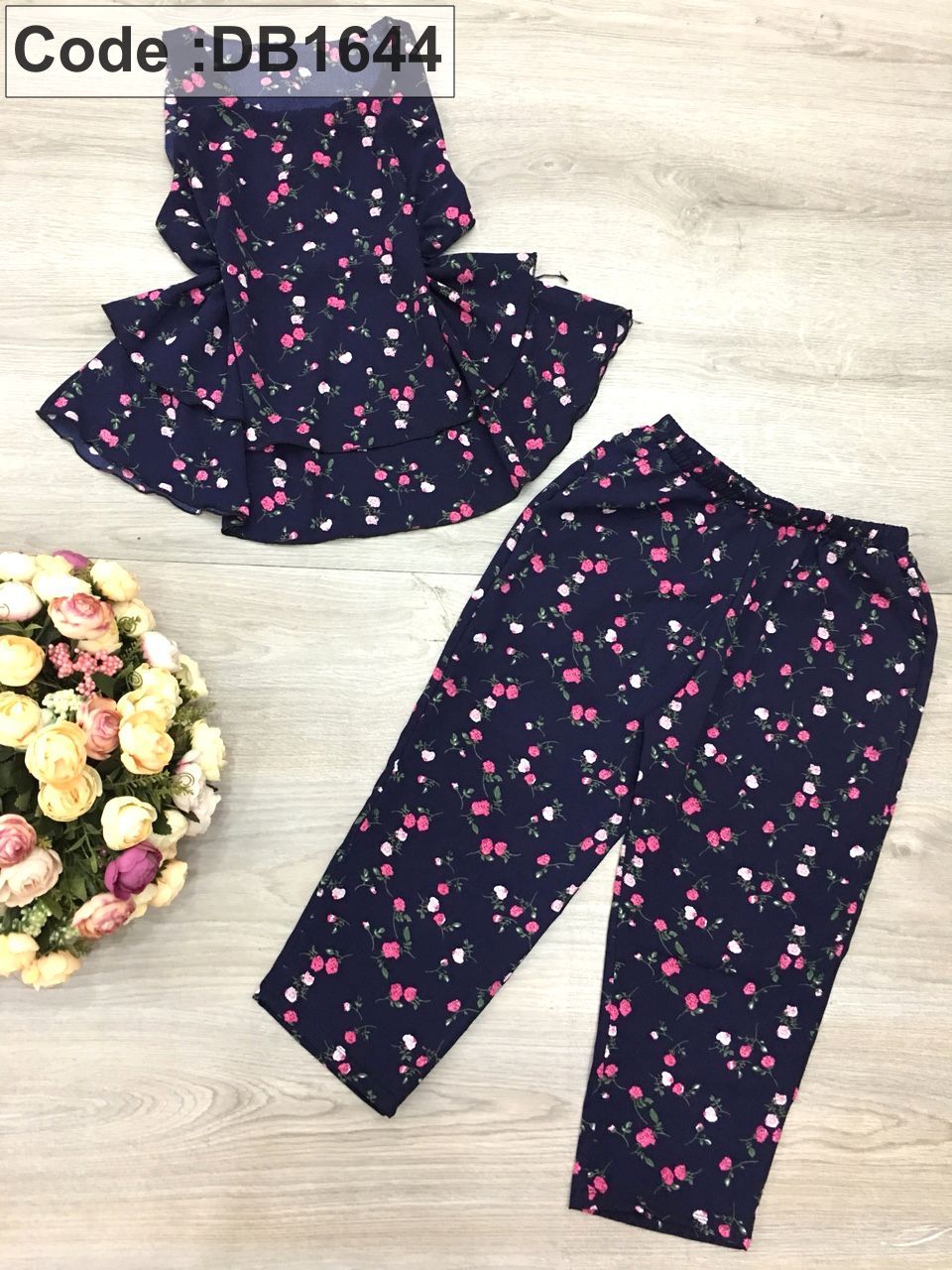 Set nữ lỡ voan cát in hoa áo 2 tầng