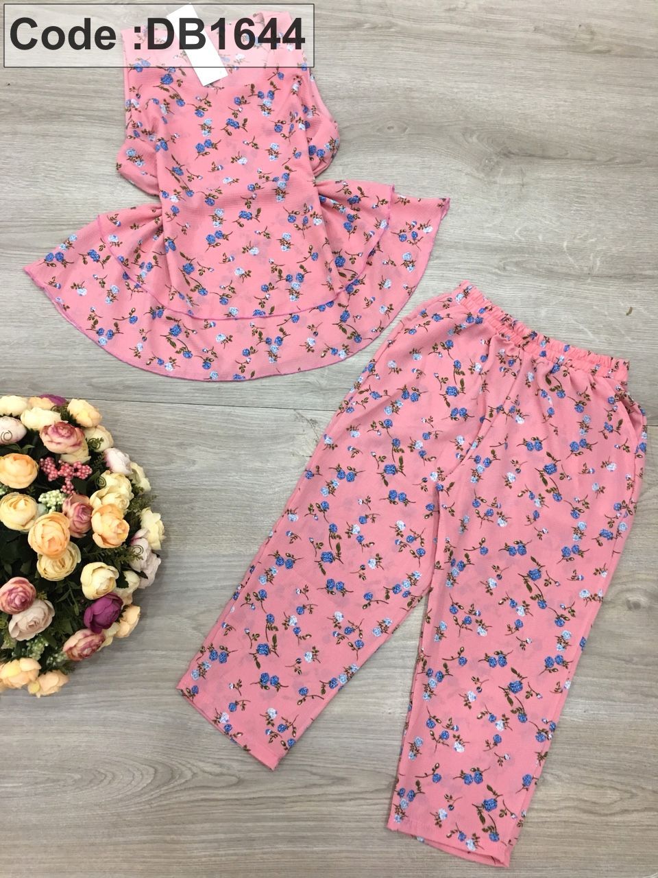 Set nữ lỡ voan cát in hoa áo 2 tầng