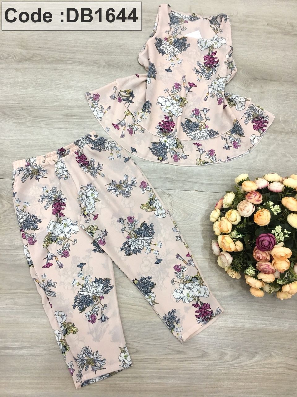 Set nữ lỡ voan cát in hoa áo 2 tầng