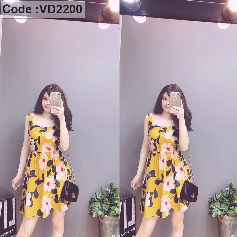Váy đầm 2 dây xẹt lạnh in hoa to