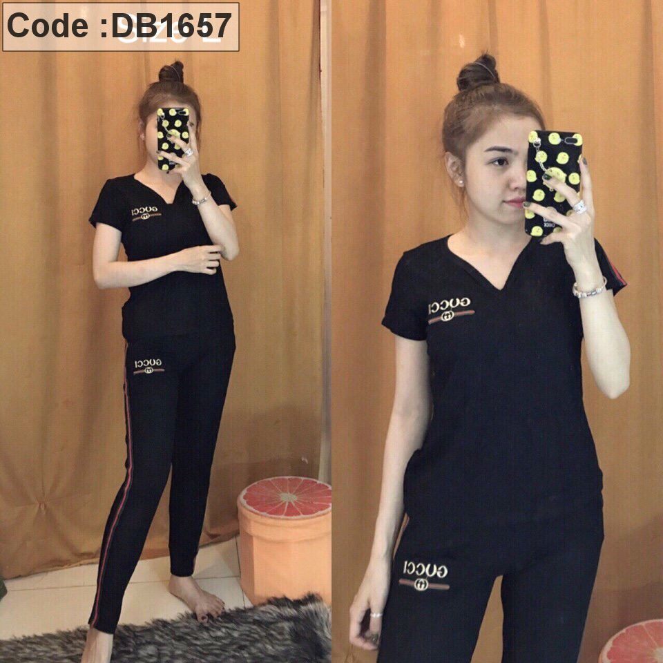 Set bộ thun nữ quần dài cổ tim thêu logo