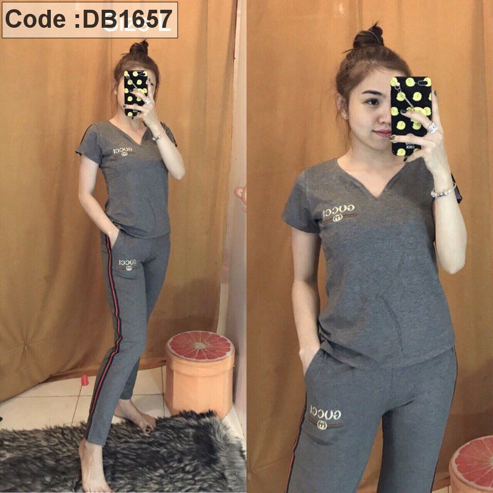Set bộ thun nữ quần dài cổ tim thêu logo