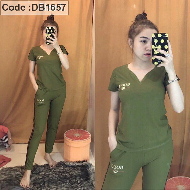Set bộ thun nữ quần dài cổ tim thêu logo