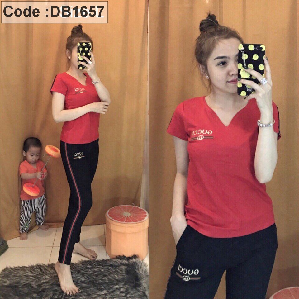Set bộ thun nữ quần dài cổ tim thêu logo